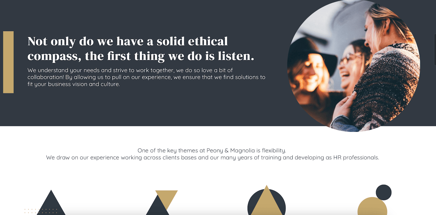 A business website with a black background and gold triangles, optimized for SEO in the UK.
