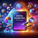 Tablet-based glossary for 2023 digital marketing terms with icons.