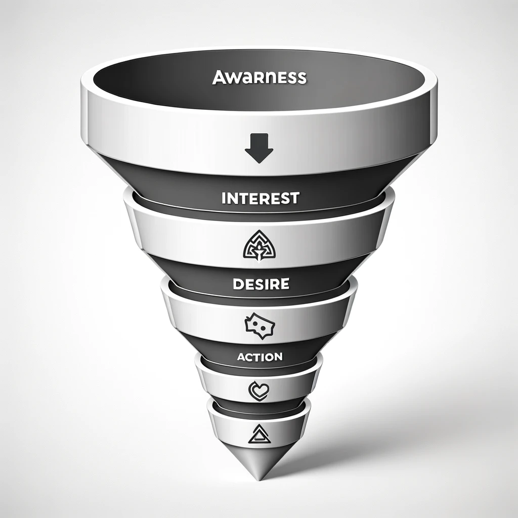 A set of marketing icons each representing a different stage of the AIDA Model.