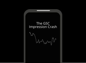 A smartphone displays the text "Search Console Impression Crash" above a jagged, downward-trending line graph on a black background. seo agency london